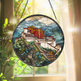 Potala Palace Stained Glass Suncatcher, Round Tibetan Landmark Mountain Window Panel, Travel Architecture Glass Art Home Decor Gift